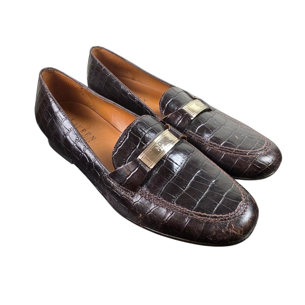 Lauren Ralph Lauren Loafers Womens 7.5 AA Brown Good Croc Embossed RL Logo Bar - Picture 11 of 11